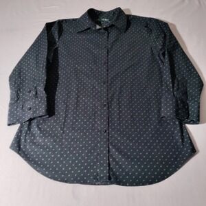 Lauren Ralph Lauren Shirt Womens Medium Non Iron Polka Dots Dark Blue Green